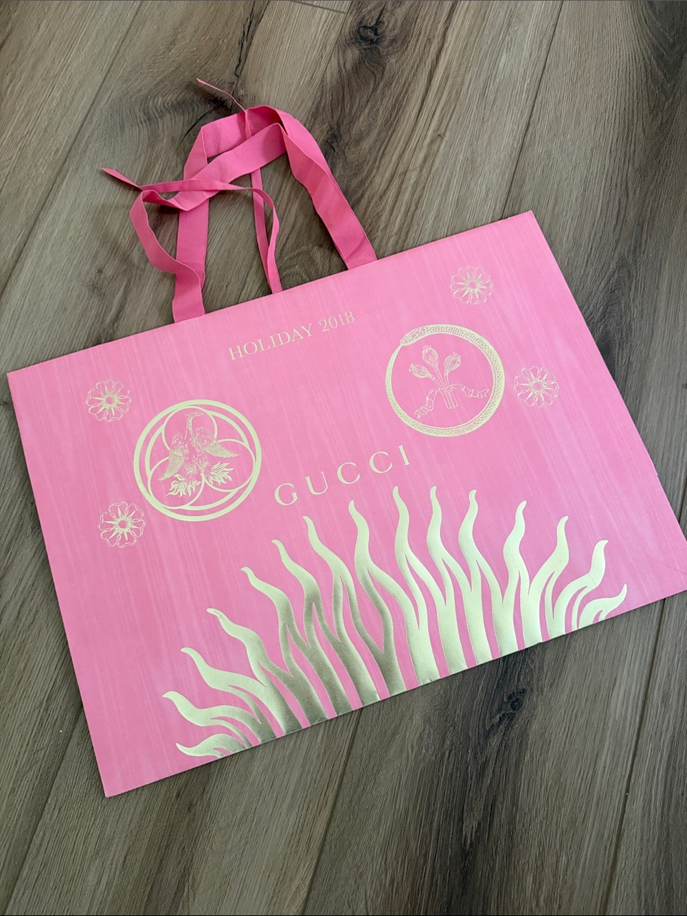 Gucci Pink empty shopping bag with Gold Foil Accents and Ribbon Handles